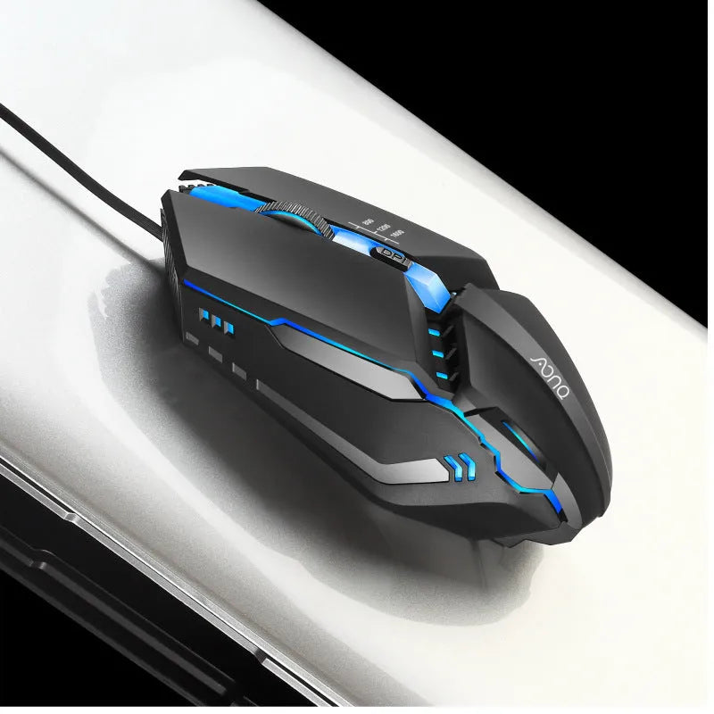 M3 wired mouse in black on desk with USB cable visible showing three DPI adjustment levels