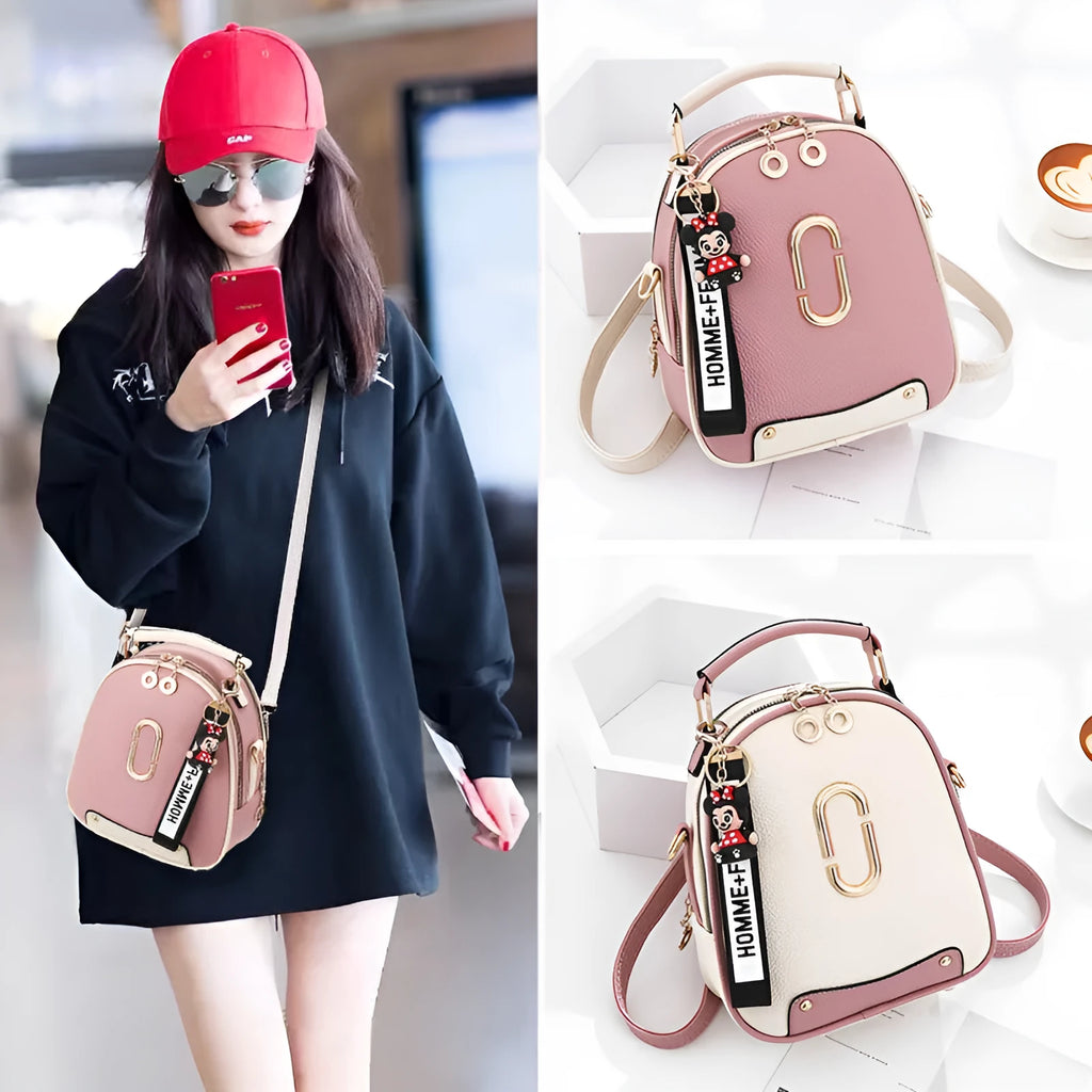PU leather women's backpack with car suture design, oval shape, and internal zipper pocket
