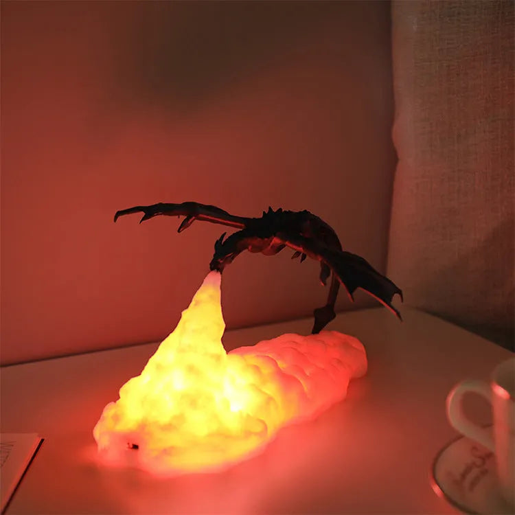 3D printed red dragon decorative lamp with glowing fire-breathing effect on a dark background