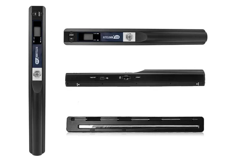 Compact portable A4 document scanner with USB cable and 900 DPI resolution, measuring 255 x 33 x 25 mm