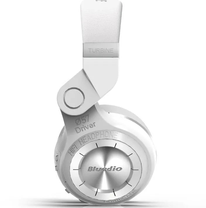 Blue String T2 black and white over-ear Bluetooth headset with folding metal design and a 1.5m cable.
