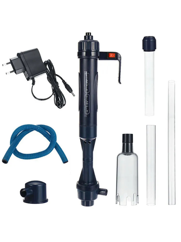 Electric aquarium cleaning siphon with telescopic handle and blue hose on a black base