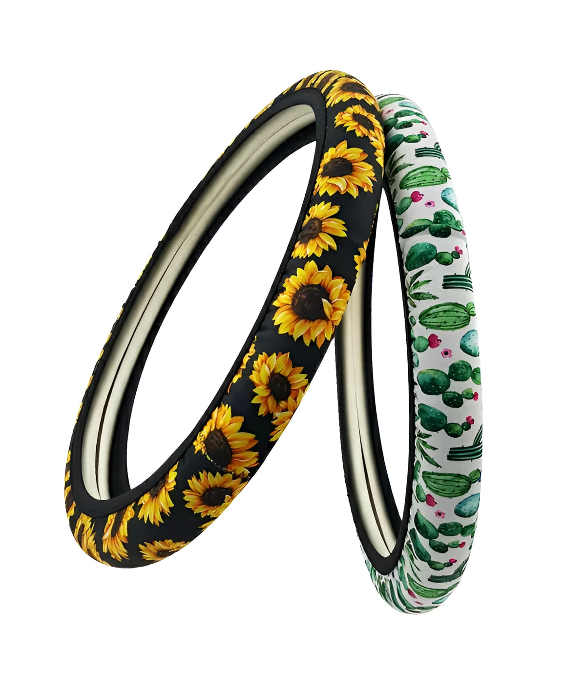 Universal 38cm 40cm steering wheel cover in diving material and natural rubber, 41g, shown in green and yellow colour options