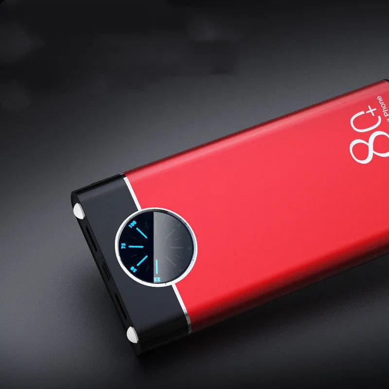 Black fast charging power bank with alloy shell showing LED light and charging ports