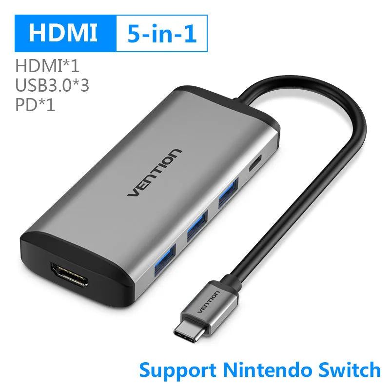 Deep grey USB-C to HDMI, Ethernet, and card reader hub with a short black cable