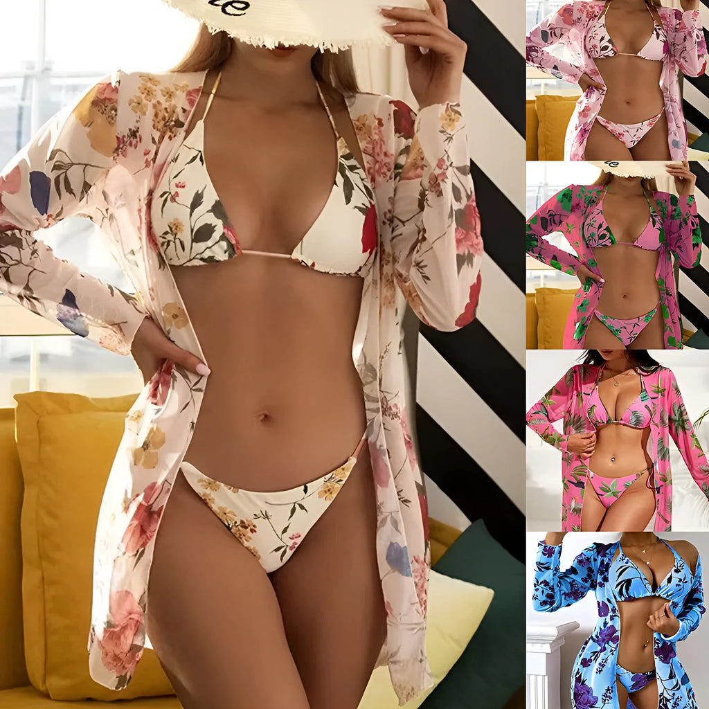Women's floral printed mesh three-piece swimsuit set showing bra, swim trunks and cover-up blouse