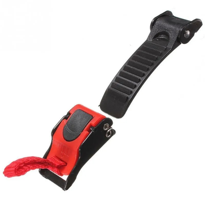 Three black and red plastic helmet chin strap quick-release buckles with buckle mechanism visible