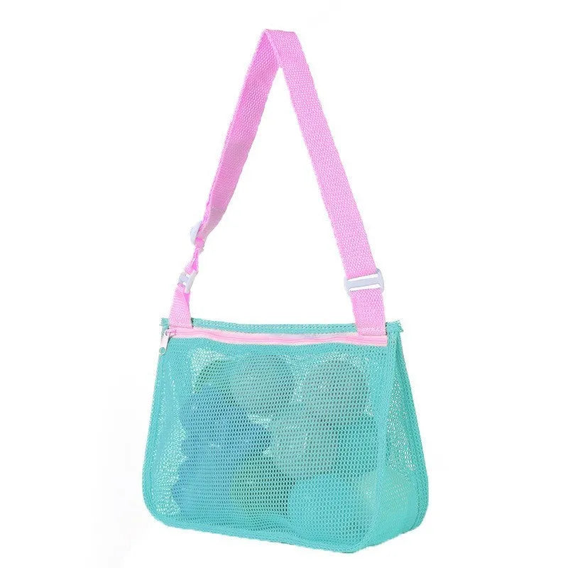 Blue mesh travel storage bag with shoulder strap showing dimensions of 20x25x8cm