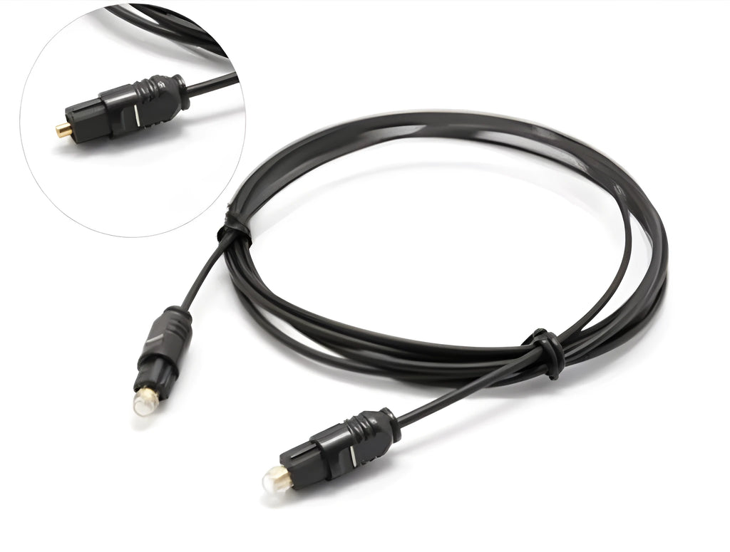 OD2.2 optical digital audio cable with a slim 2.2mm PVC sheath, shown next to a TOSLINK connector.