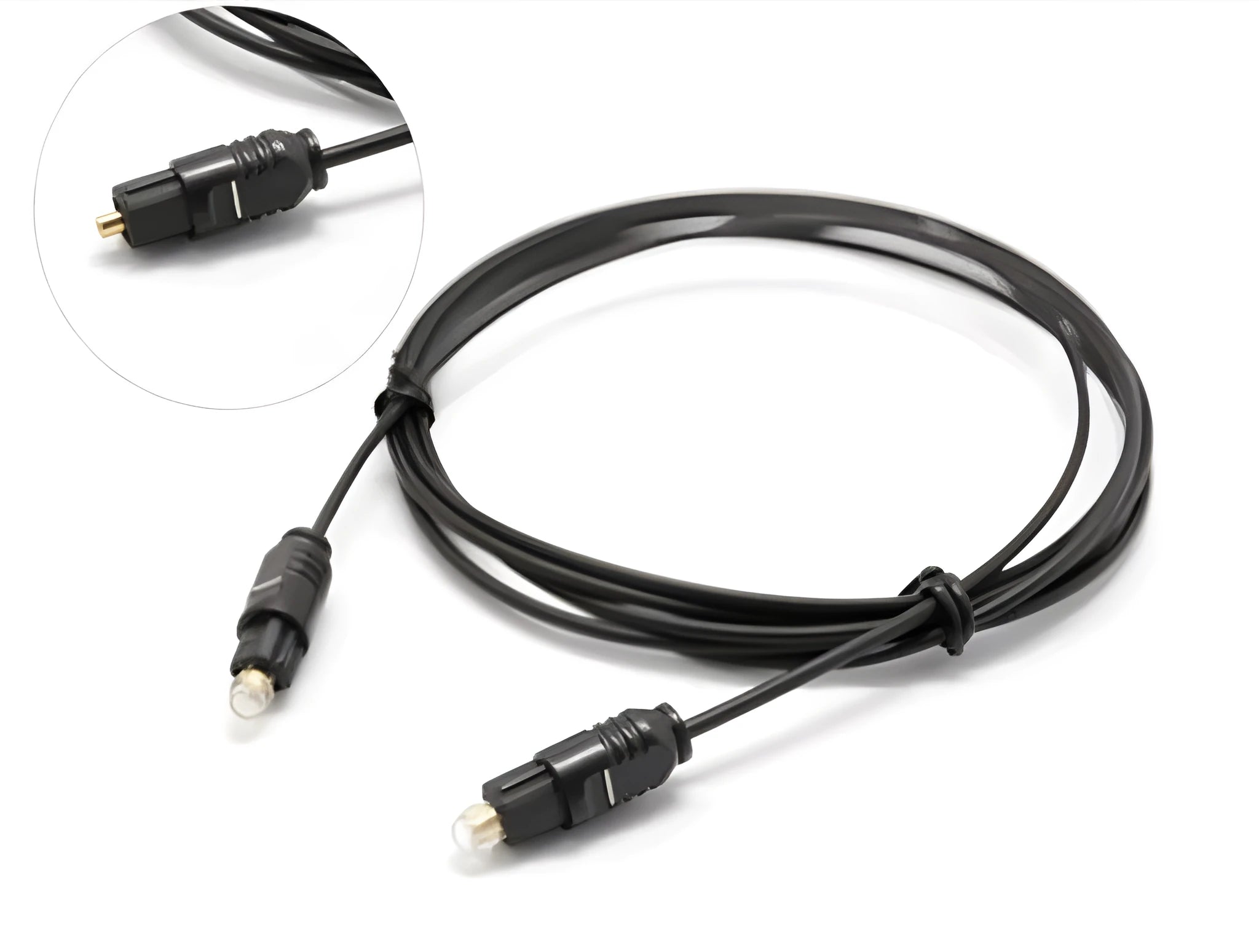 OD2.2 optical digital audio cable with a slim 2.2mm PVC sheath, shown next to a TOSLINK connector.