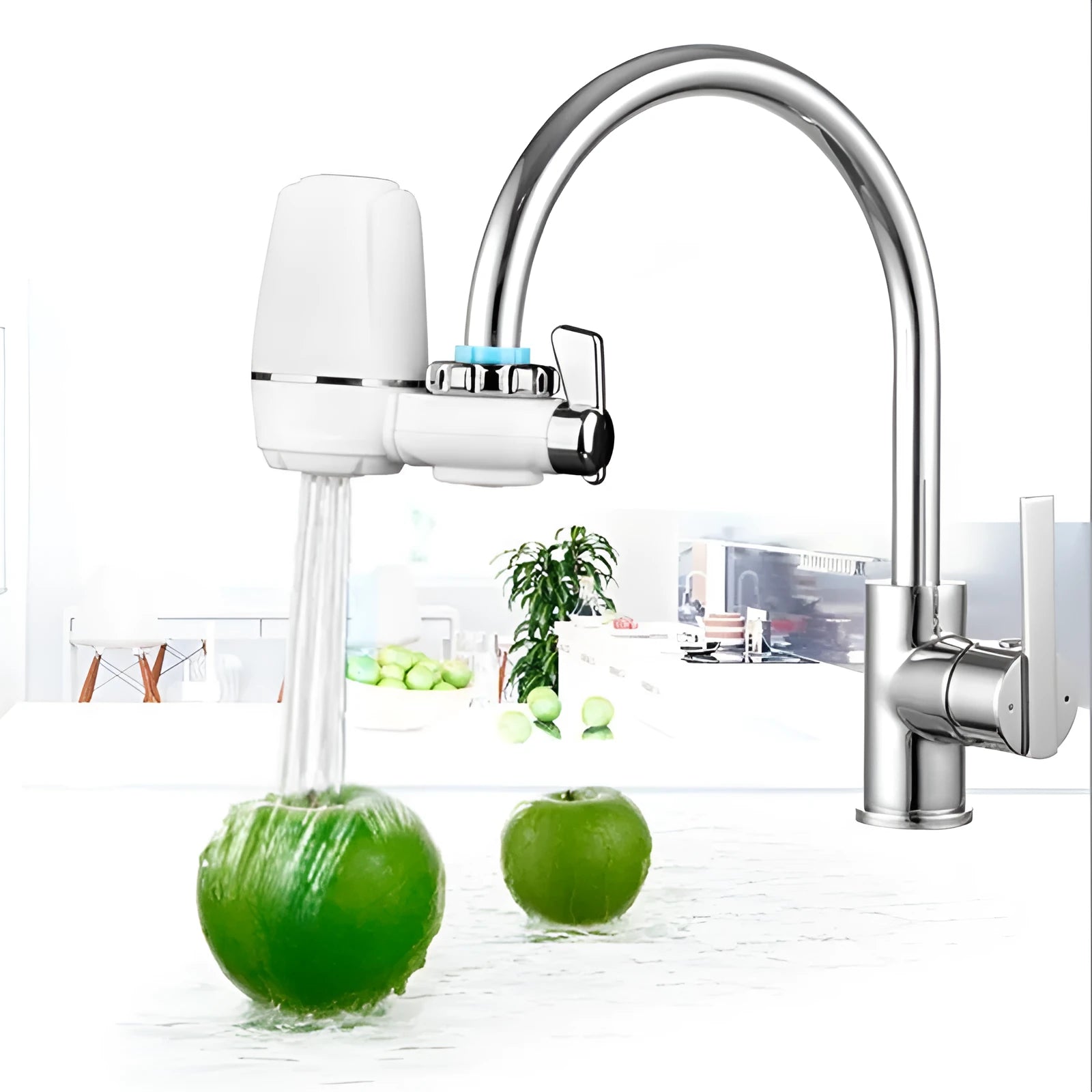 White plastic faucet water filter unit with adapters and ceramic cartridge for kitchen tap installation.