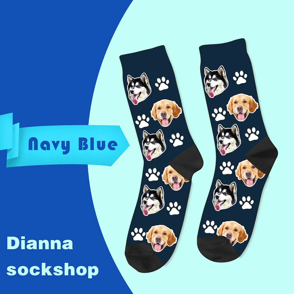Custom printed mid-calf socks with personalised photo design in blue colour, medium thickness polyester fabric