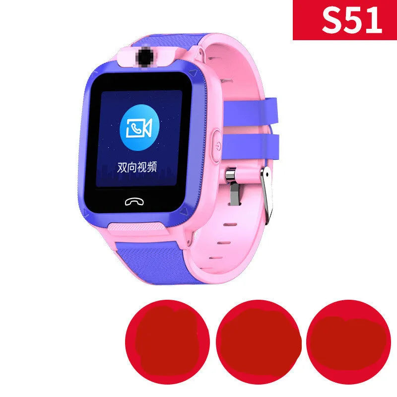 Blue children's smartwatch with a silicone strap showing a video call on its 1.44-inch screen.