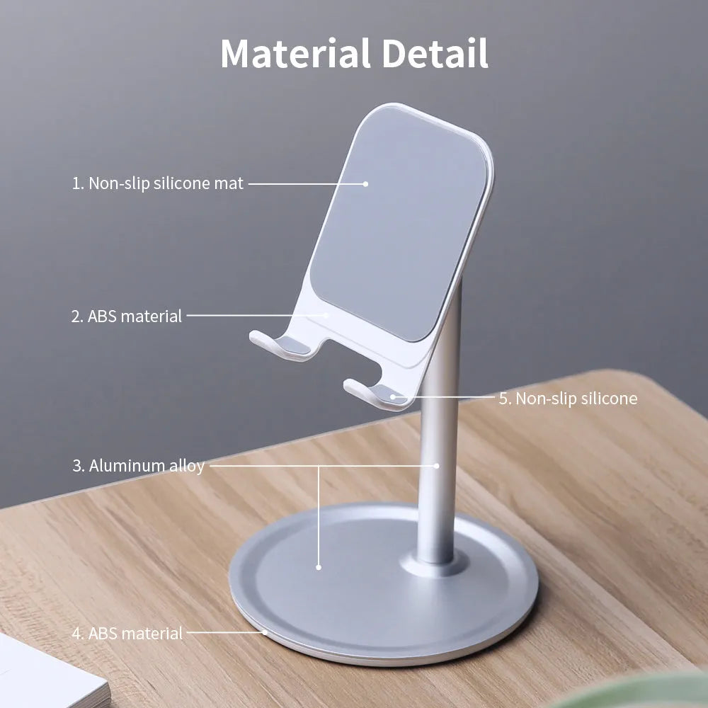 Aluminium alloy mobile phone and tablet stand in black or white on a desk