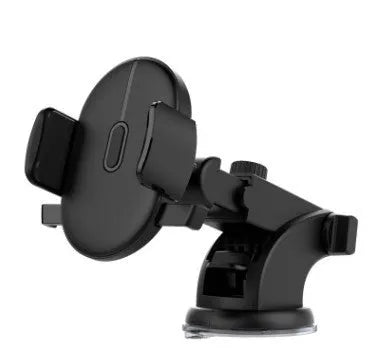 Yellow and black telescopic car phone holder with suction cup extended on a car dashboard.