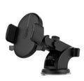 Yellow and black telescopic car phone holder with suction cup extended on a car dashboard.