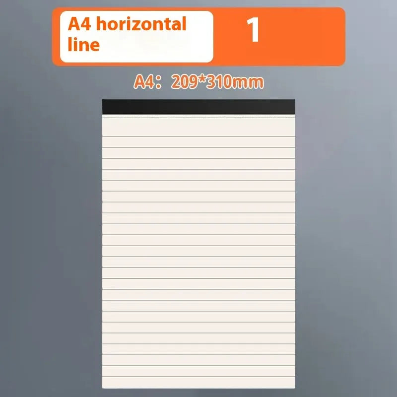 A5, B5, and A4 writing pads with tearable sheets in line, grid, and blank page styles.