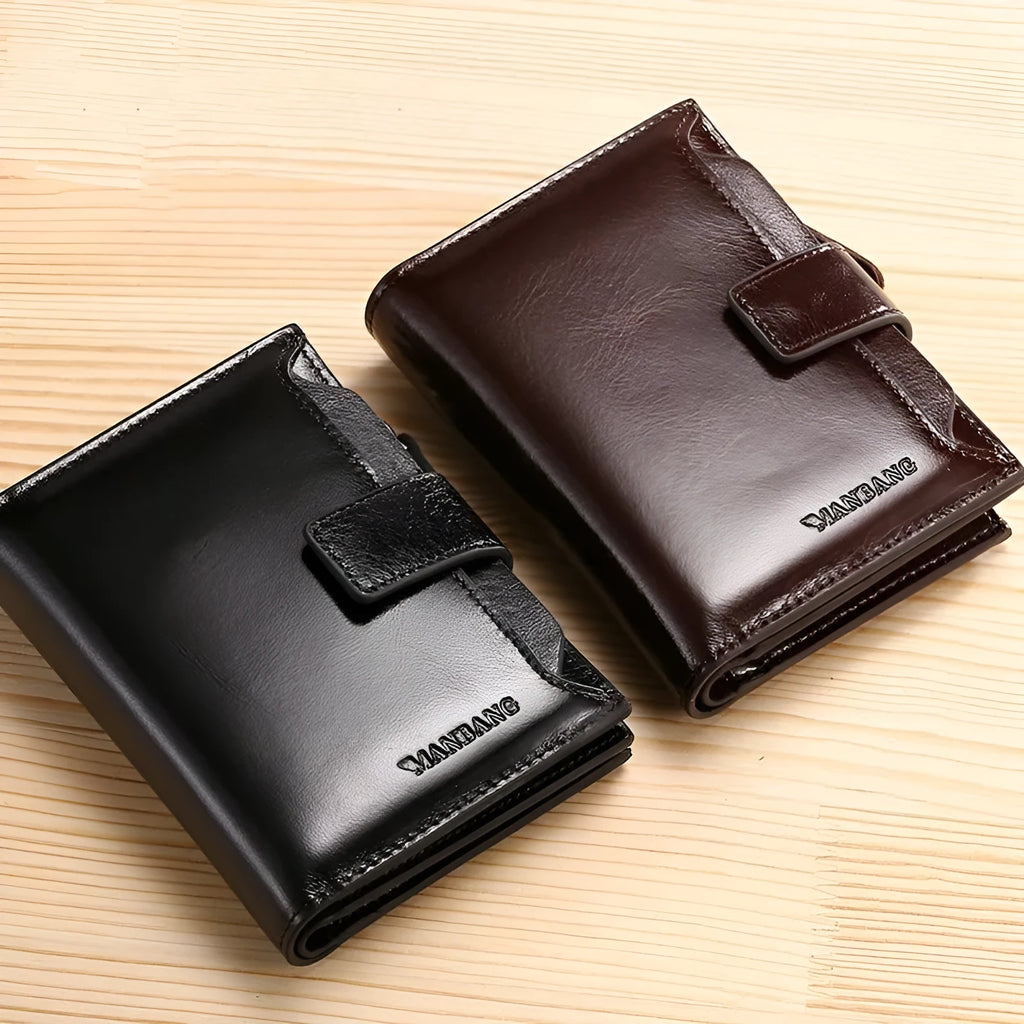 Men's brown first layer cowhide leather wallet, 12.5 x 9.5 x 1.5 cm, lock opening, square vertical card holder.