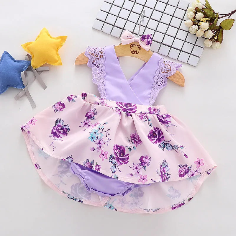Girls Korean style sleeveless cotton summer princess dress in violet with flower print