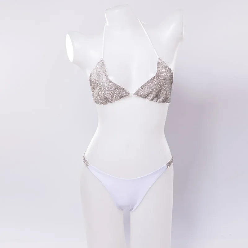 Ladies split swimsuit bra set with lattice pattern in black, white, or rose red, sizes S M L
