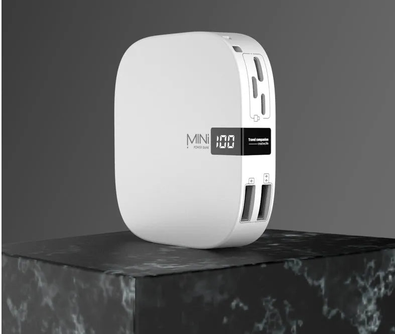10000 mAh power bank with LCD display in black, compatible with iPhone