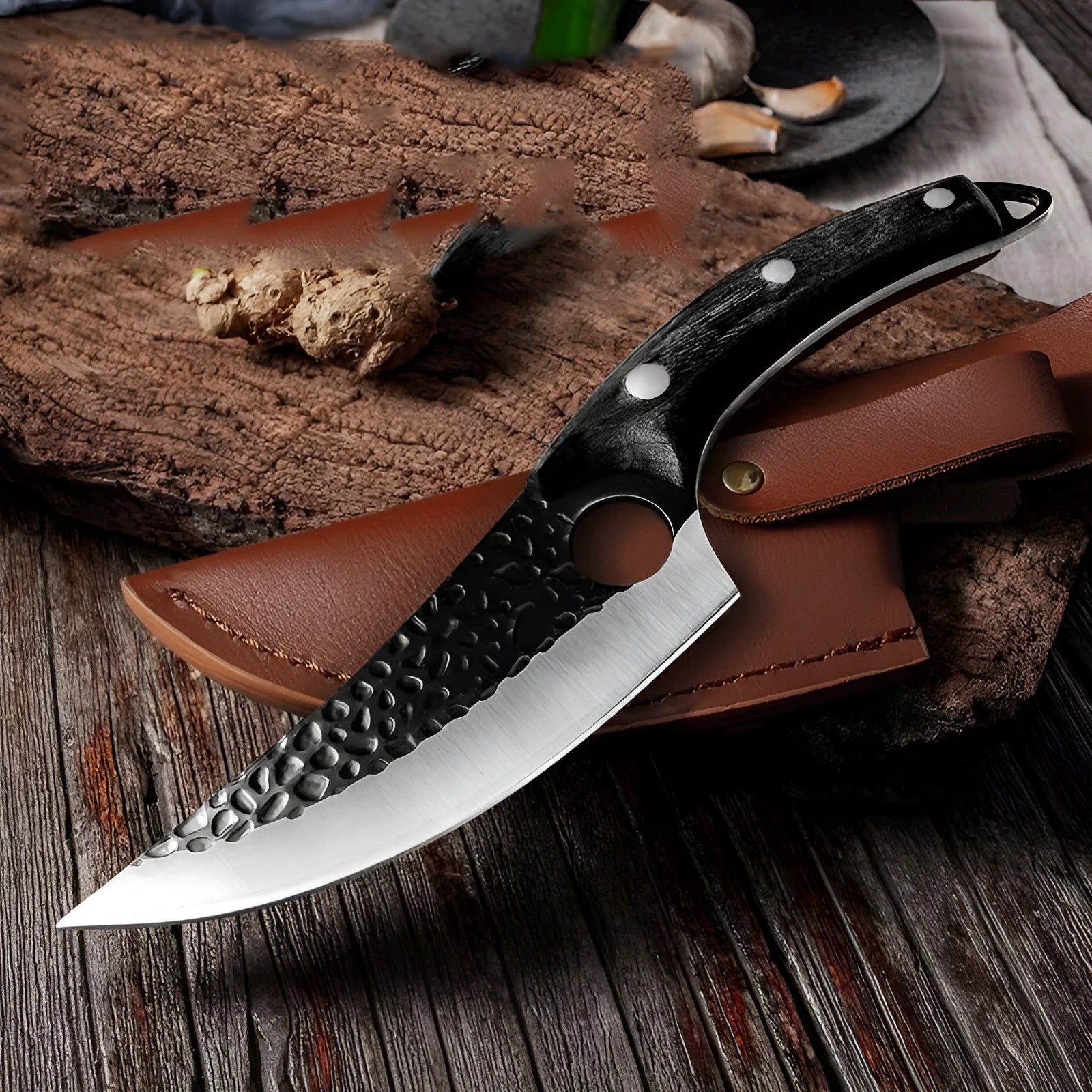 Small curved scimitar slaughter knife with leather sheath for pig butchering