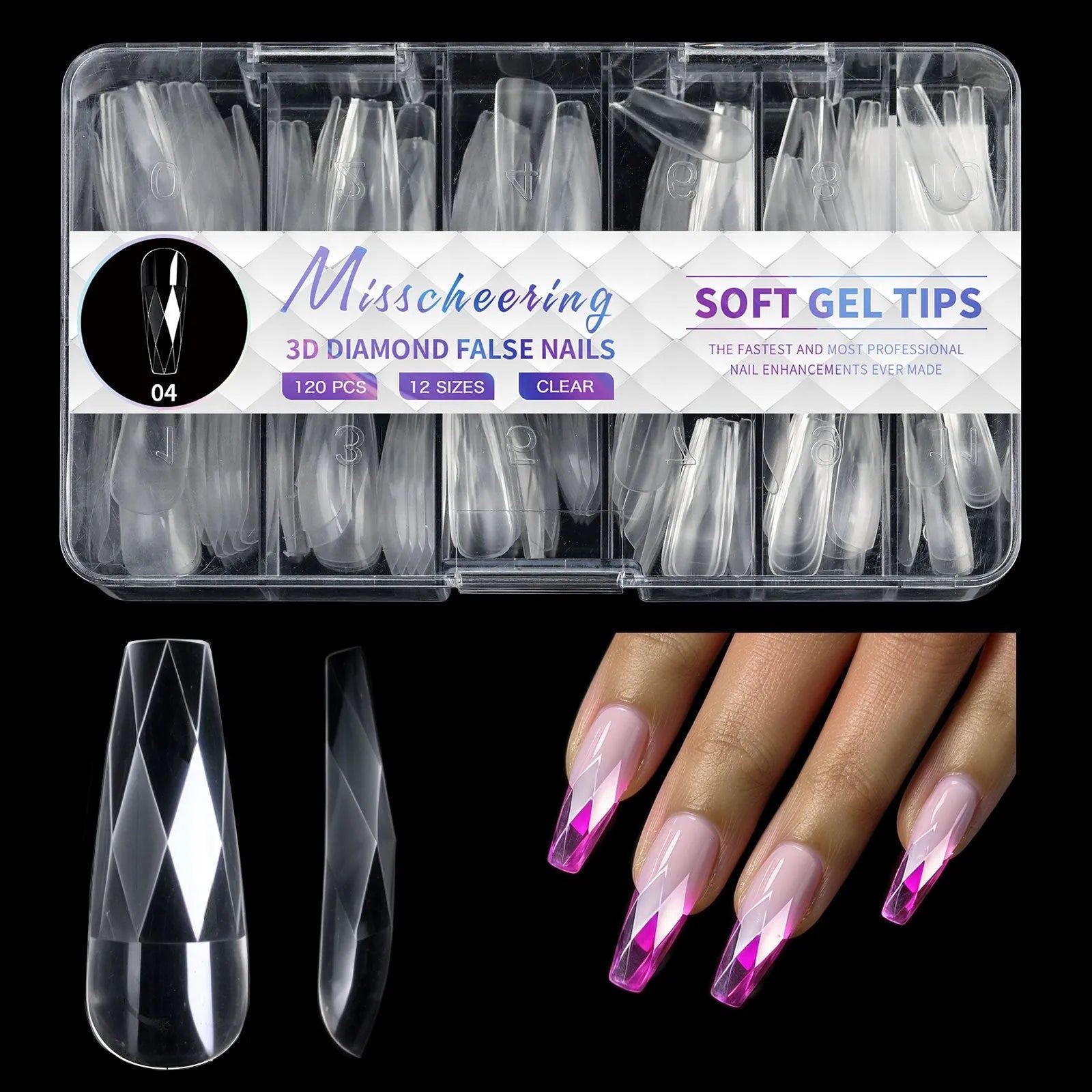 3D diamond texture long false nails in assorted colours, 120-140 pieces per pack