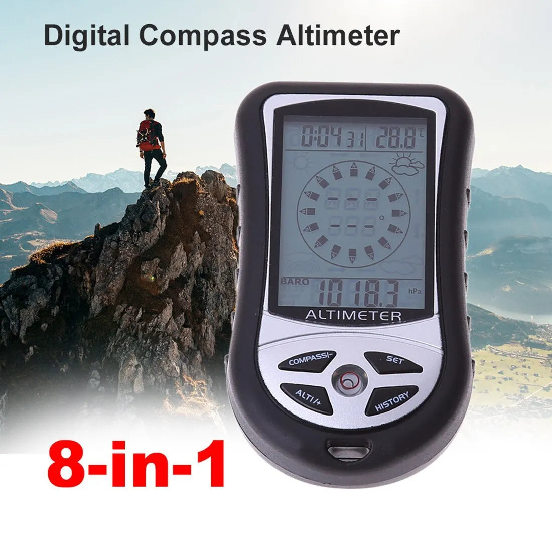 8-in-1 handheld digital altimeter 90x50x20mm ABS with compass, barometer and backlight for mountaineering and fishing