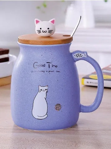 Cartoon cat ceramic mug with wooden lid and metal spoon in pink colour, 450ml capacity