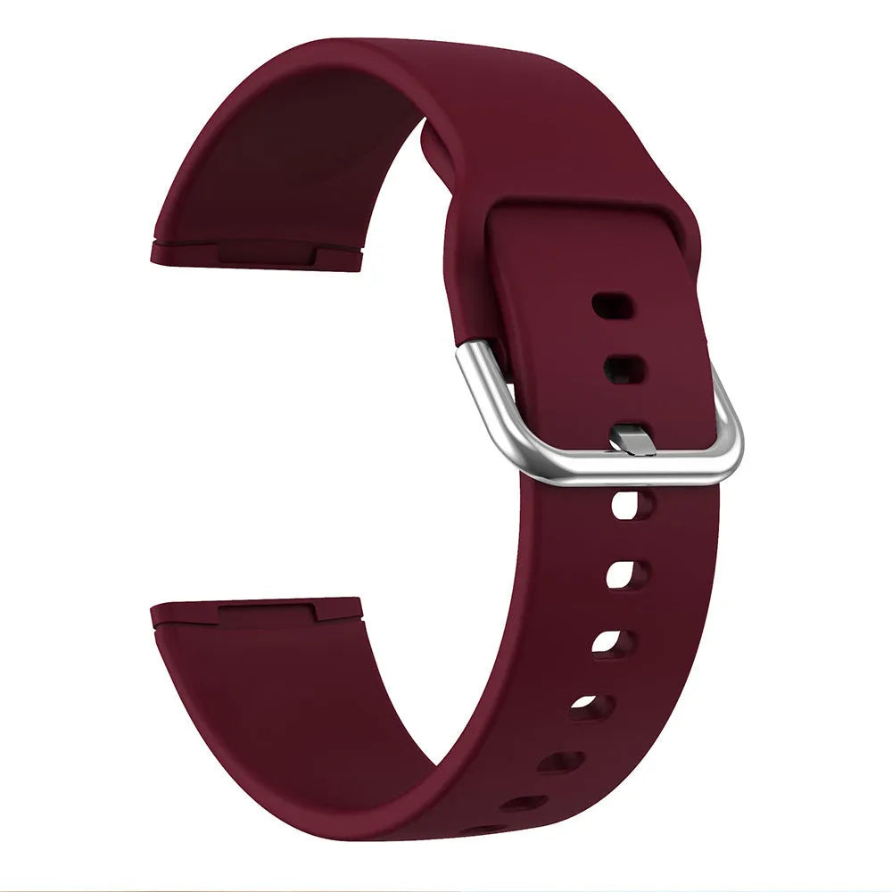 Silicone replacement strap with silver buckle for Fitbit Versa 3 and Sense 2 in multiple colour options.