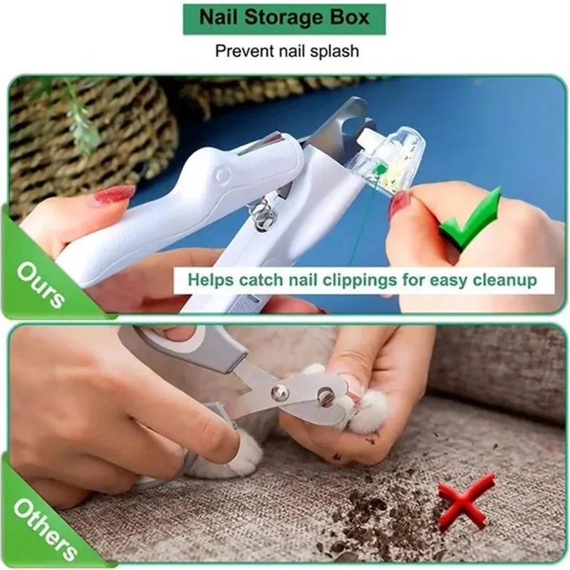 Pet nail clipper with LED light, stainless steel blades, nail file, nail collector and non-slip handle in white, pink, green or yellow