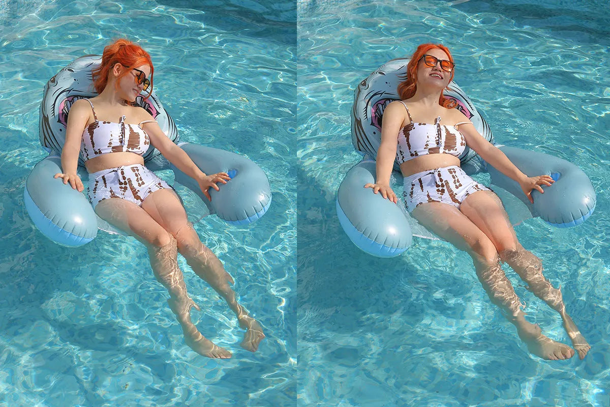 Inflatable water hammock with net seat in animal style, yellow puppy design, 160x90cm size for pool use