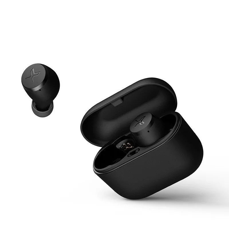 True wireless Bluetooth earbuds in Black with earplug-style fit and charging case