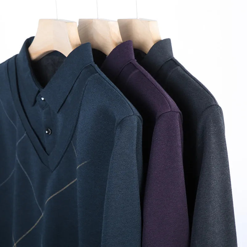 Men's long sleeve fake two pieces t-shirt in plaid pattern, regular fit, available in gray, blue, and purplish red.