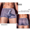 Man's black and white vertically striped boxer briefs laid flat, showcasing the free-size elastic waistband and leg openings.