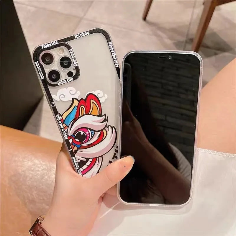 Lion dance hand-painted TPU phone case for Apple iPhone with transparent straight edge and Angel Eyes design in black frame