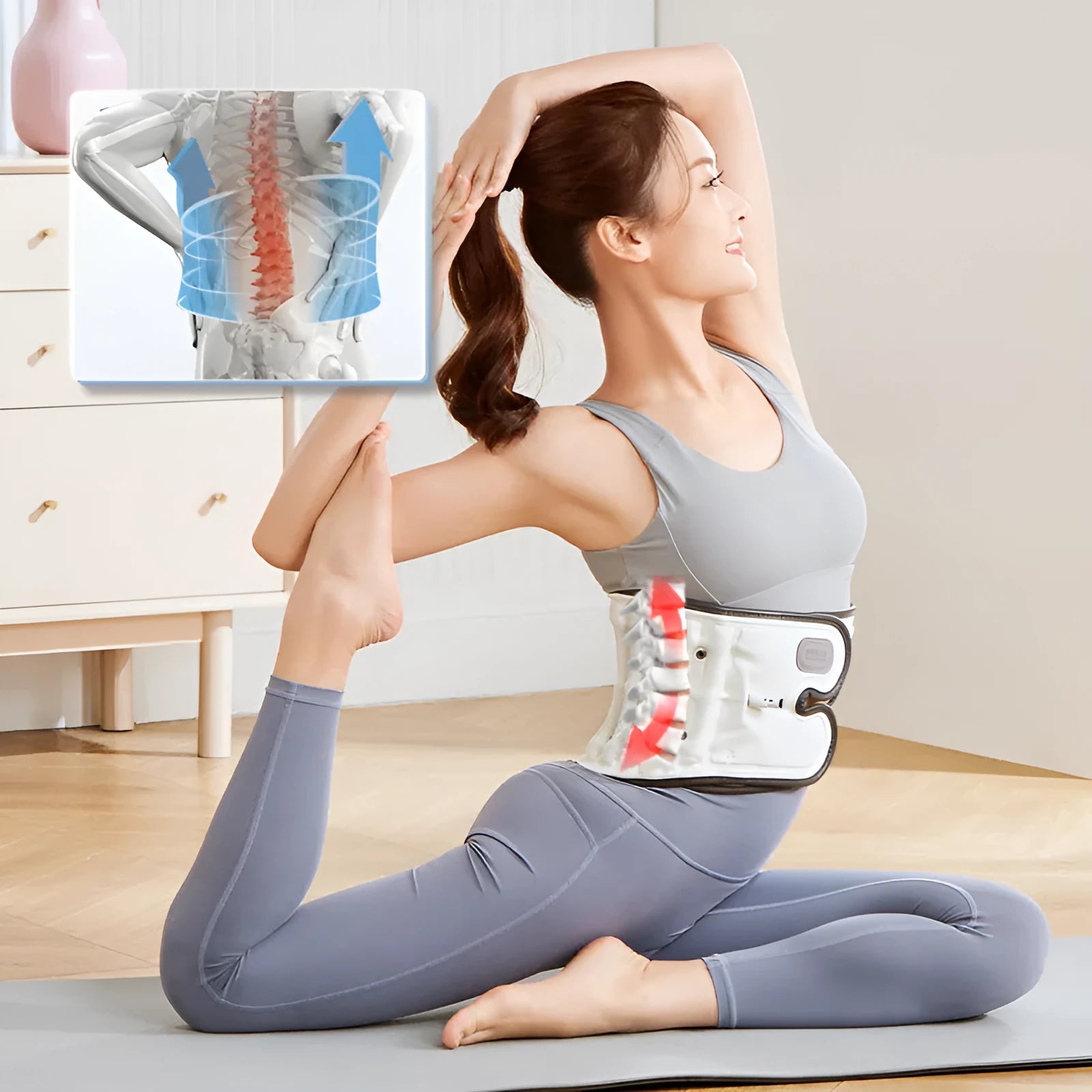 Automatic inflation lumbar disc stretch correction waist supporter belt on grey background