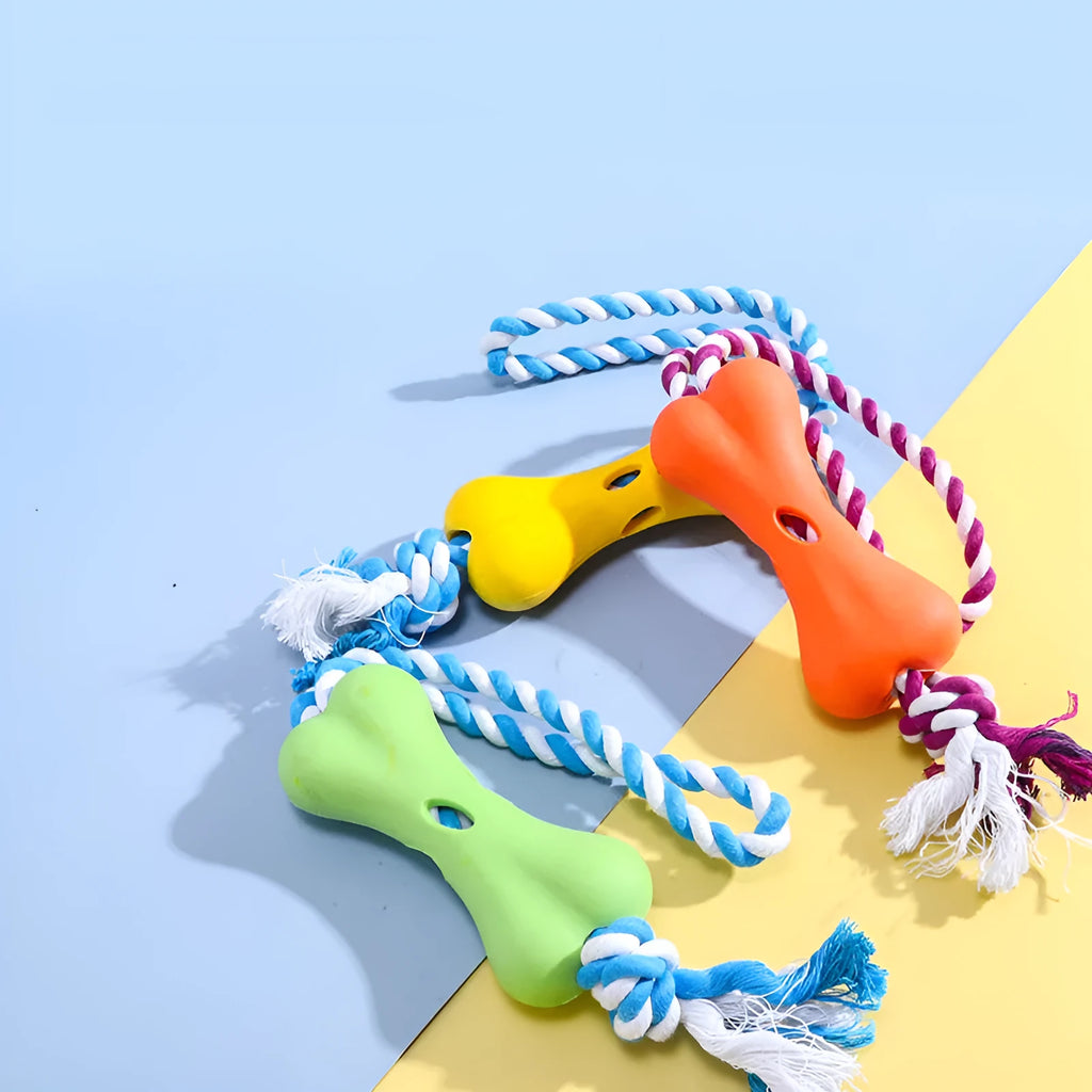 Green porous bone dog toy with knotted rope ends and food cavity for cheese or beef strips