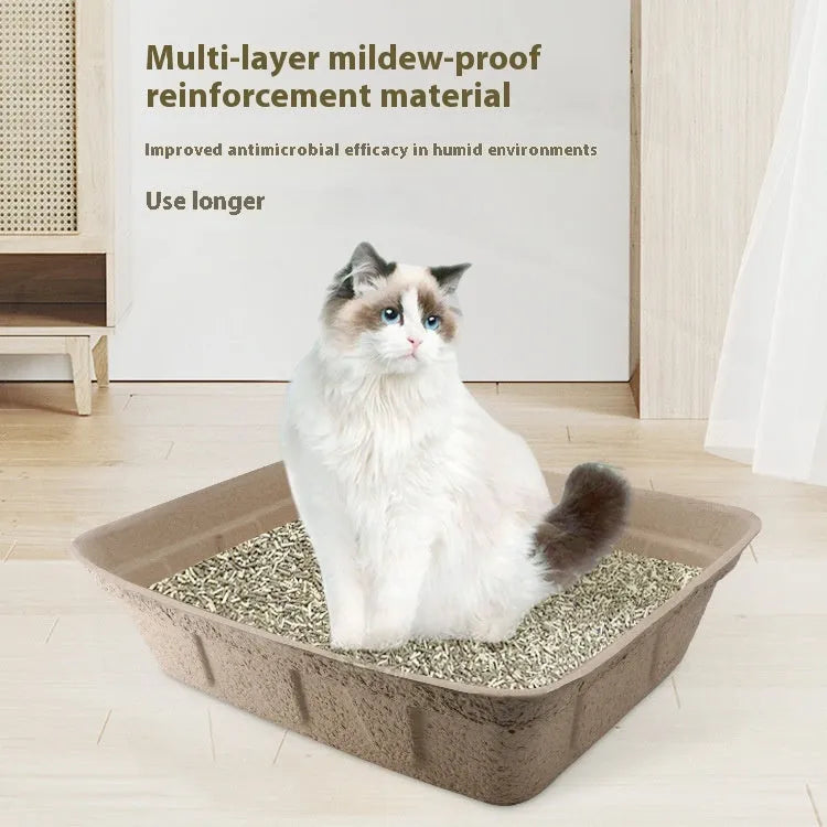 Brown disposable biodegradable cat litter box shown in three size variants.