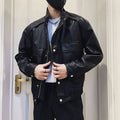Men's black Korean style PU leather jacket with a straight hem, shown as spring and autumn outerwear.
