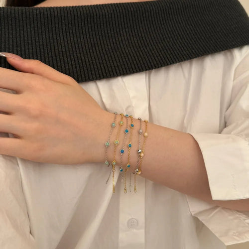 925 sterling silver bracelet with round opal stones in Japanese Korean geometric style for women