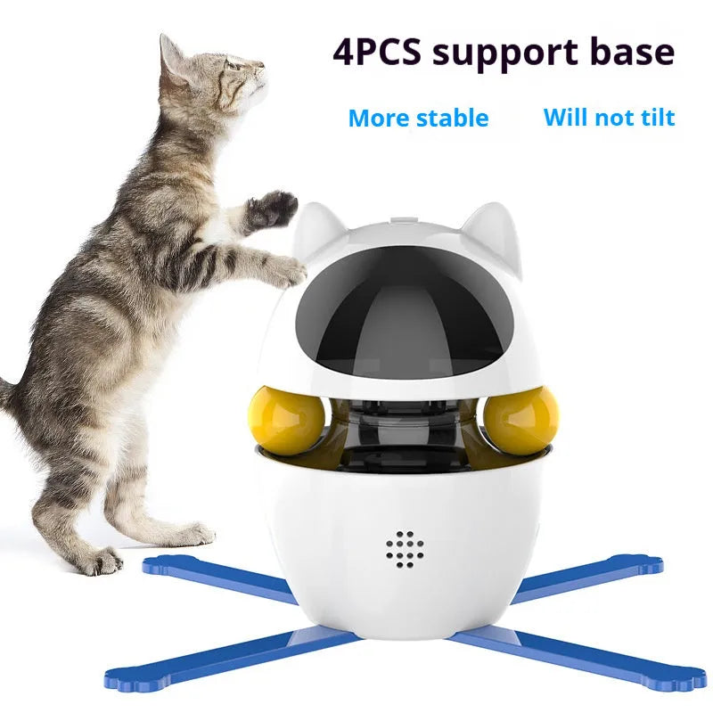 White automatic interactive cat toy stick with elastic rope extended, on a plain background.