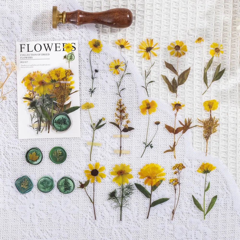 Dried flower journal decoration sticker set showing eight artistic styles on 70mm PET sheets