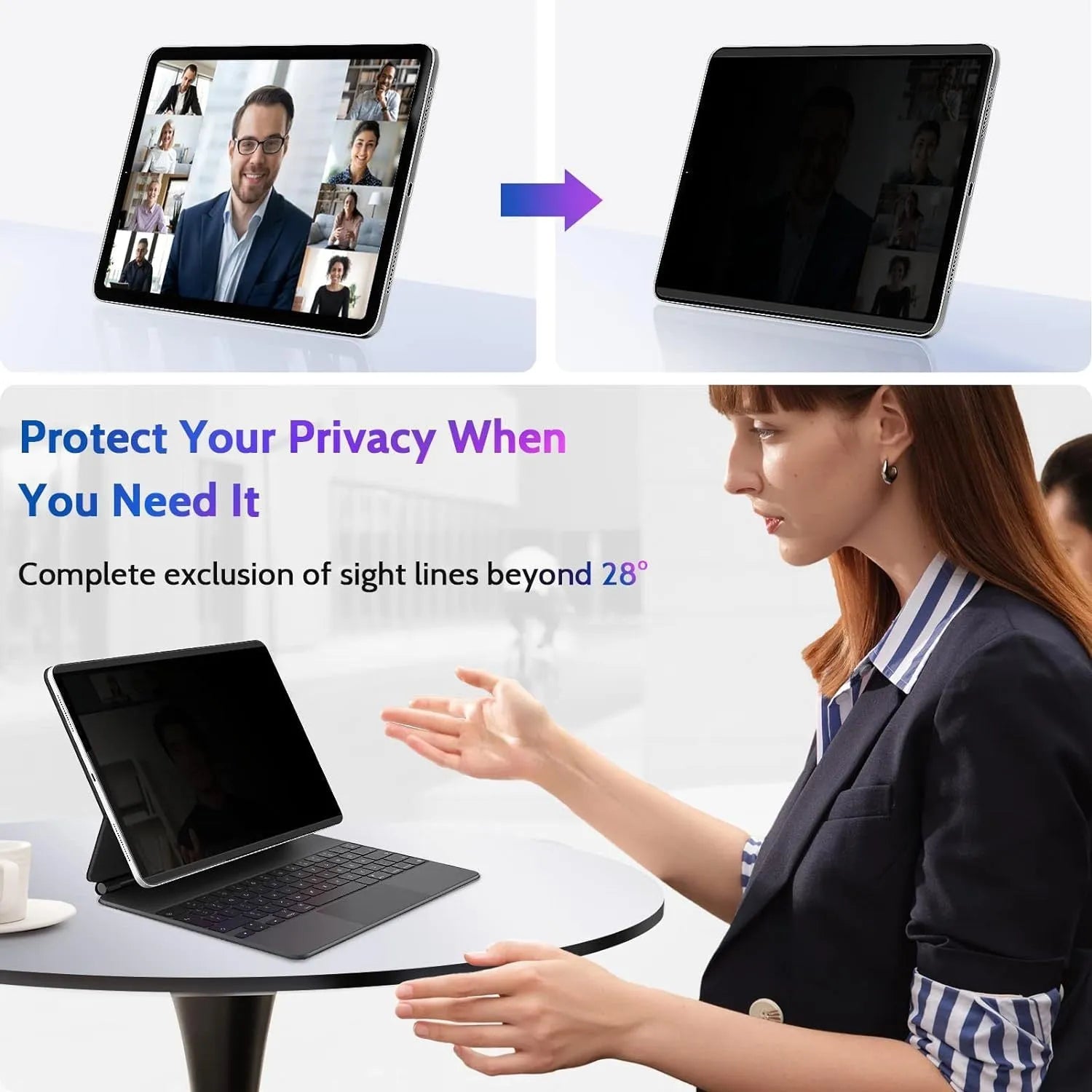 Magnetic suction iPad privacy screen protector film with storage clip on an iPad Pro.