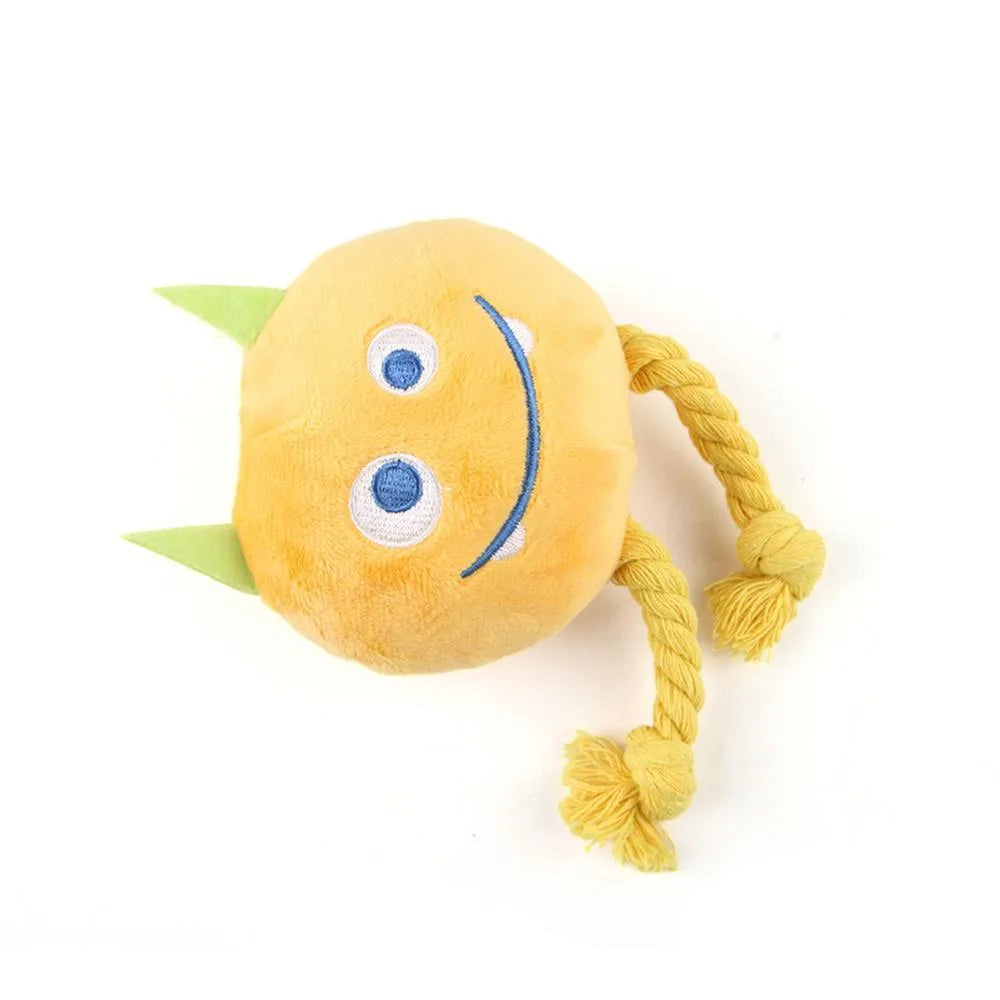 Yellow and blue dog squeaky toy with knot rope design for chewing and dental cleaning