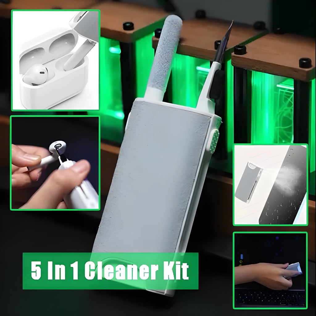 5-in-1 multifunctional screen and earphone cleaning pen kit with flocking sponge and metal tip.