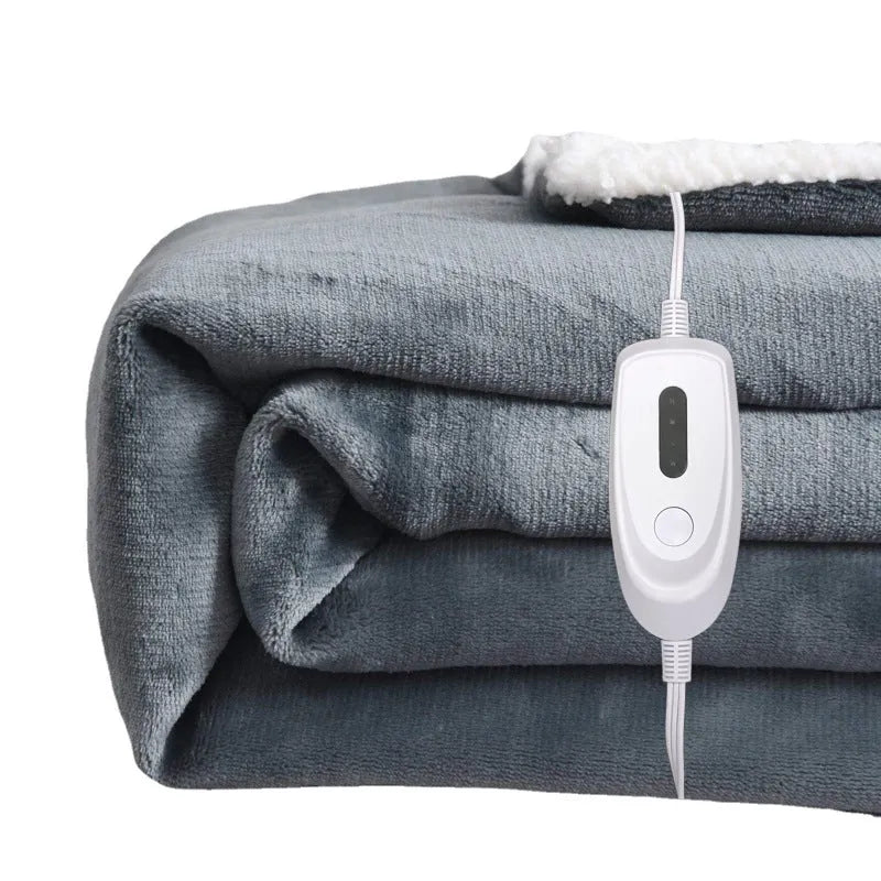 Grey and white flannel USB electric heating blanket with intelligent temperature control, shown on a chair.