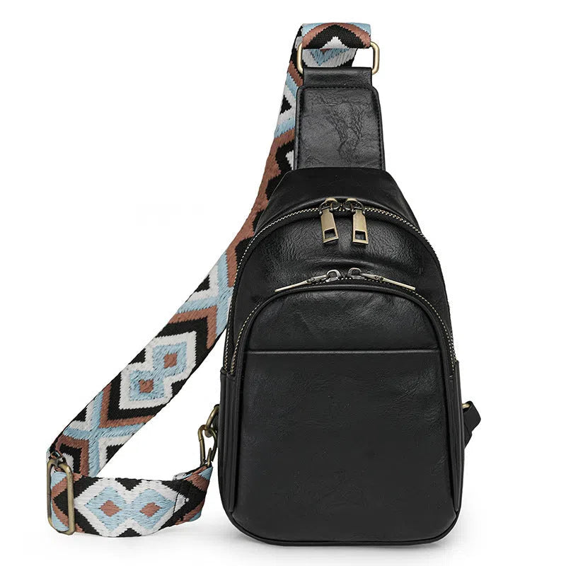 Women's vintage crossbody bag in tan PU with patchwork design and phone pocket