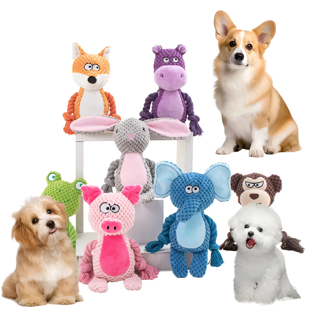 Hippo-shaped plush dog toy with cotton rope handle for tug-of-war and training.