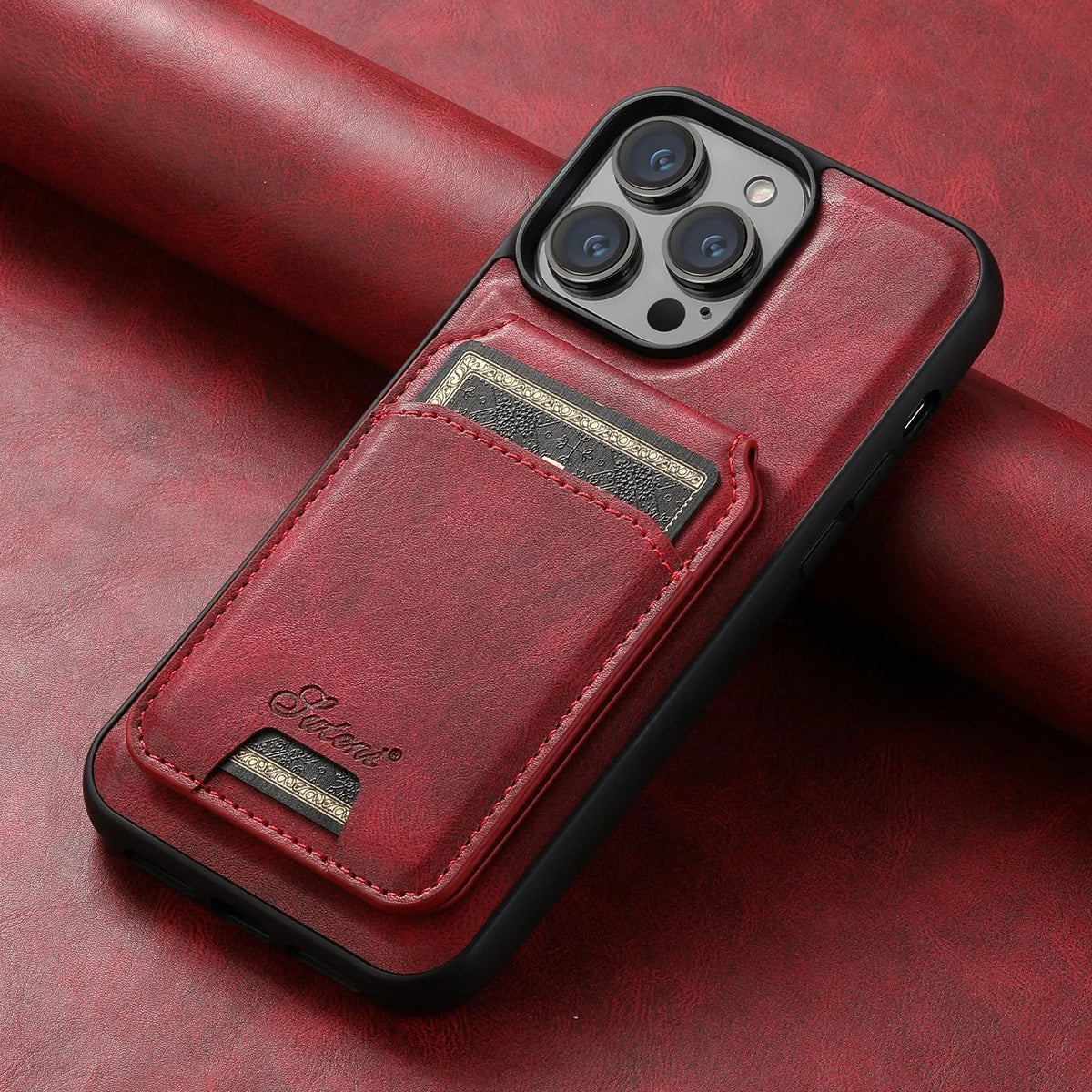 Magnetic MagSafe silicone iPhone case with built-in card holder in black oil wax finish